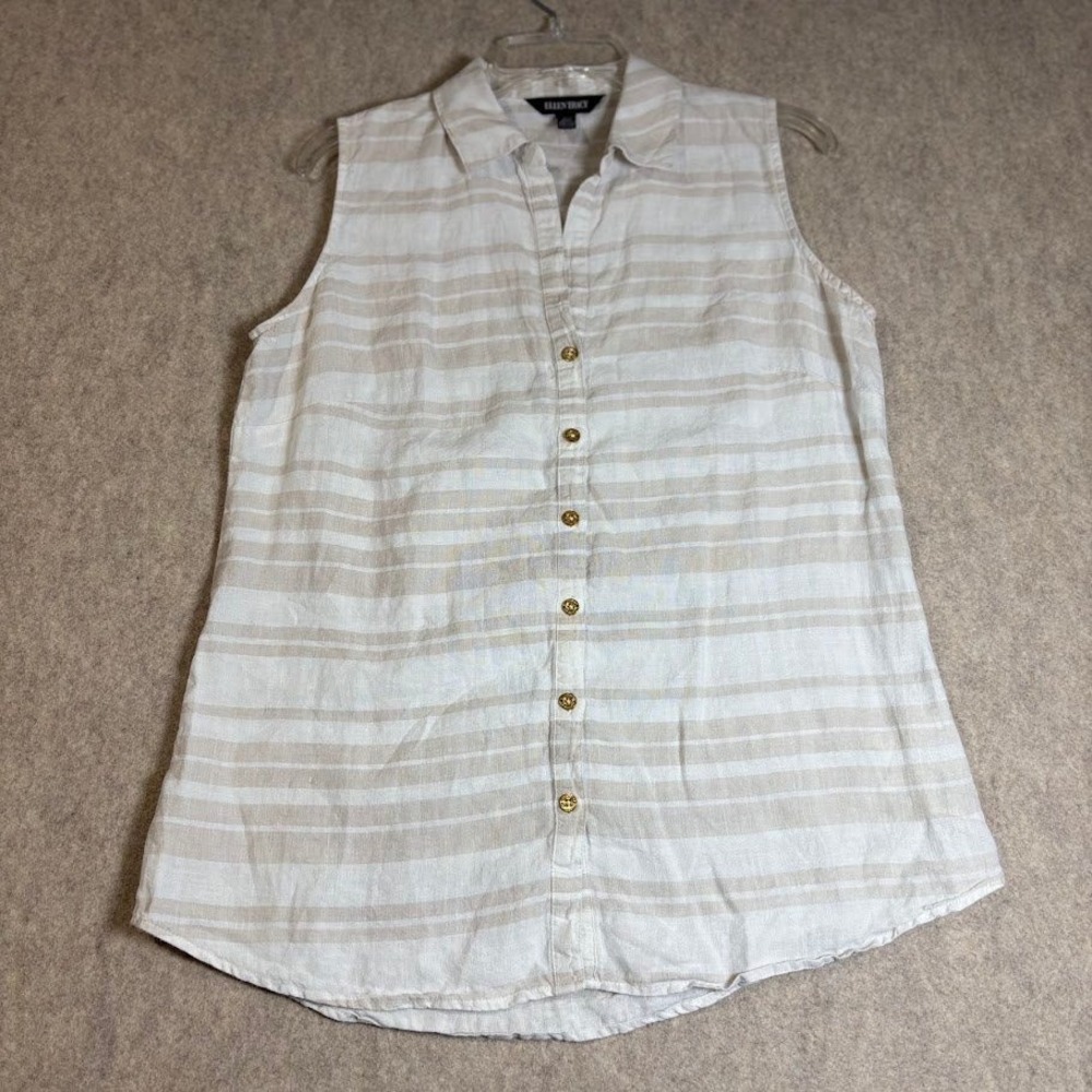 Ellen Tracy Sleeveless Top Wmns Medium Tan White 100% Linen Striped Button Chic